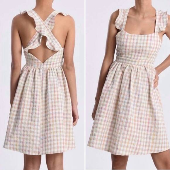 Lili Sidonio Multicolor Check Plaid Ruffle Sleeve Mini Dress Size M - Picture 2 of 9